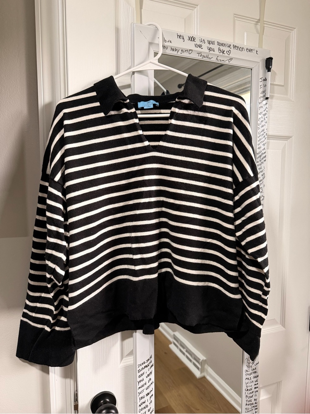 Black & White Striped Woman’s Collared Cropped Sweater